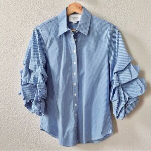 The Shirt by Rochelle Behrens Seville Blue Gingham Ruffle Sleeve Top Size Small